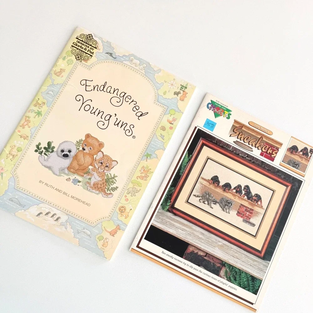 Lot 2 Vintage Cross Stitch Pattern Books Animals Puppies Raccoons Bobcats